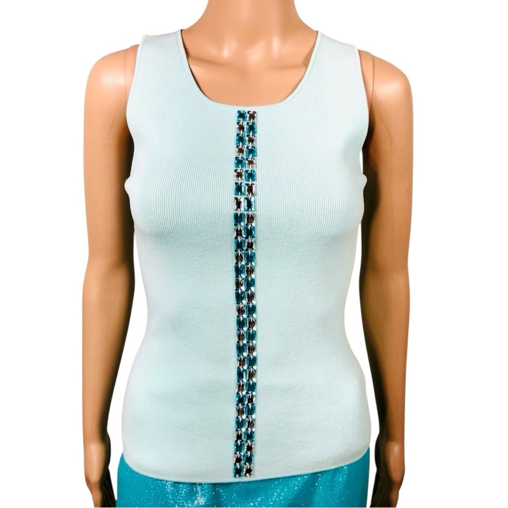 Light blue sleeveless knit top with aqua blue and clear crystals - Picture 5 of 15